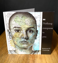 Load image into Gallery viewer, Sinead O Connor Inspired Greeting Birthday Card. Pen drawing on map of Dublin, Ireland. Blank inside
