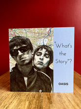 Load image into Gallery viewer, Oasis: Noel &amp; Liam Gallagher Greeting Card. Pen drawing over map of Manchester. Blank inside .
