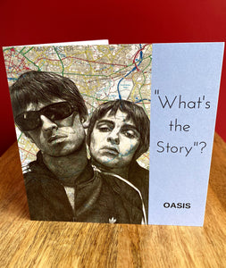 Oasis: Noel & Liam Gallagher Greeting Card. Pen drawing over map of Manchester. Blank inside .