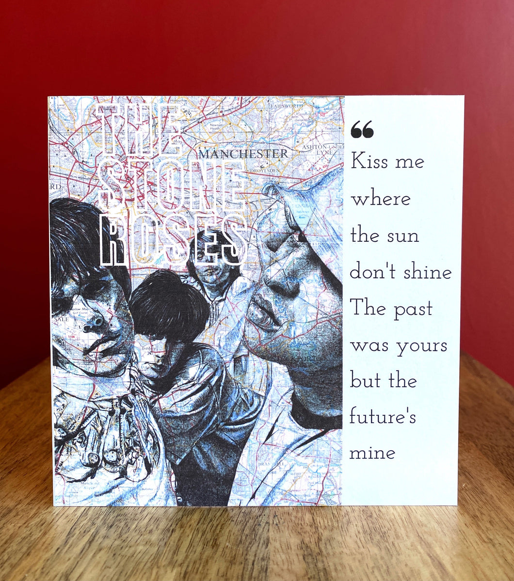 The Stone Roses Greeting Card. Printed drawing over map of Manchester. Blank