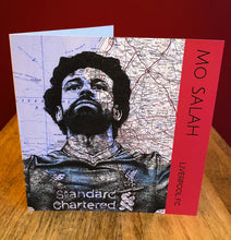 Load image into Gallery viewer, Mo Salah Liverpool FC Greeting Card. Printed drawing over map of Liverpool. Blank inside
