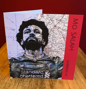 Mo Salah Liverpool FC Greeting Card. Printed drawing over map of Liverpool. Blank inside