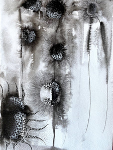 Abstract Black Ink Flowers. Original Artwork. A4. Unframed