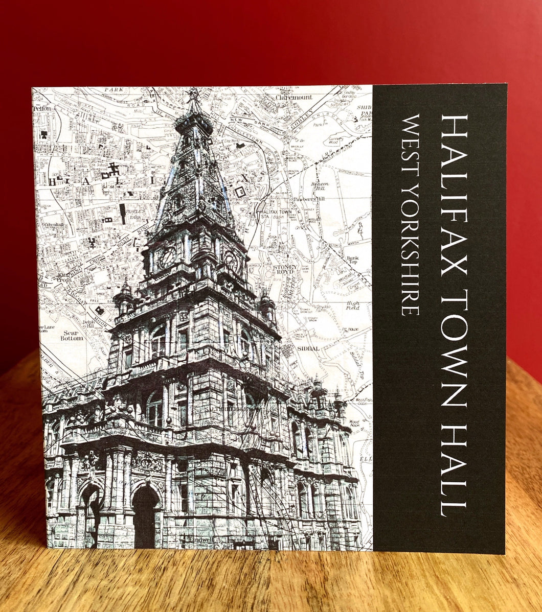 Halifax Town Hall Greeting Card. Printed drawing over map. Blank inside