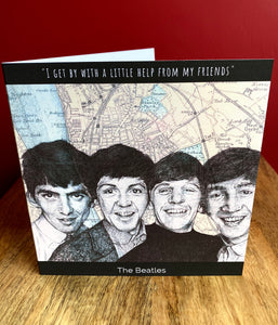 The Beatles Greeting Card. Printed drawing over map of Liverpool. Blank inside