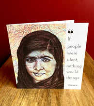 Load image into Gallery viewer, Malala Greeting Card. Printed drawing over map. Blank inside
