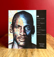 Load image into Gallery viewer, Michael Jordan NBA Greeting Card. Pen drawing over map of Chicago. Blank inside
