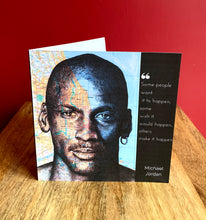 Load image into Gallery viewer, Michael Jordan NBA Greeting Card. Pen drawing over map of Chicago. Blank inside

