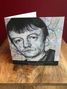 Mark E Smith, The Fall Greeting Card. Printed drawing over map of Manchester.Blank inside .