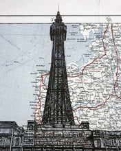 Load image into Gallery viewer, Blackpool Tower Art Print. Drawing Over Vintage Map. A4 unframed

