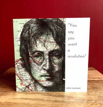 Load image into Gallery viewer, John Lennon Greeting Card. Printed drawing over map of Liverpool. Blank inside.
