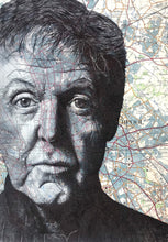 Load image into Gallery viewer, Paul McCartney Greeting Card. Printed drawing over map of Liverpool .Blank inside.
