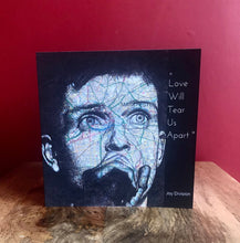 Load image into Gallery viewer, Joy Division: Ian Curtis Greeting Card. Printed drawing over map of Manchester. Blank inside
