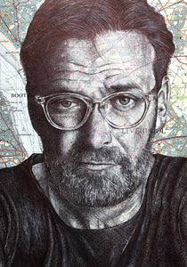 Jürgen Klopp Art Print.Pen drawing portrait over map Liverpool.A4 Unframed