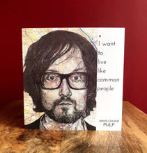 Load image into Gallery viewer, PULP:Jarvis Cocker Birthday /Greeting card. Printed drawing over of Sheffield . Blank inside.
