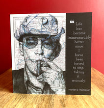 Load image into Gallery viewer, Hunter S Thompson Greeting Card. Printed drawing over map. Blank inside
