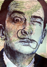 Load image into Gallery viewer, Salvador Dali inspired portrait. Original pen drawing over antique map. A4 Unframed
