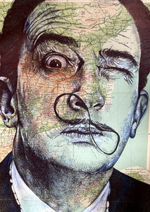Salvador Dali inspired portrait. Original pen drawing over antique map. A4 Unframed