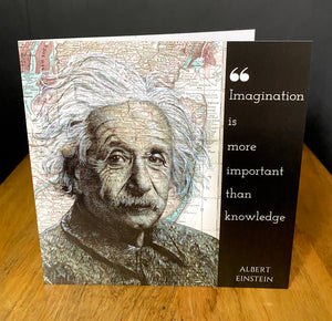 Einstein Greeting Card Albert Einstein Drawing over map with quote. Blank inside.