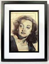 Load image into Gallery viewer, Bette Davis inspired portrait. Original pen drawing over antique map Massachusetts A4 Unframed
