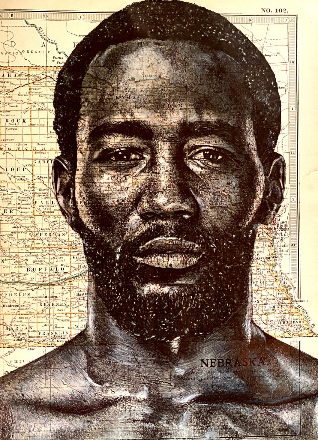 Terence Crawford Inspired portrait print. Pen Drawing on Map of Nebraska. 21x28.5cm