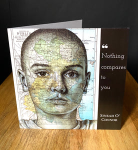 Sinead O Connor Inspired Greeting Birthday Card. Pen drawing on map of Dublin, Ireland. Blank inside