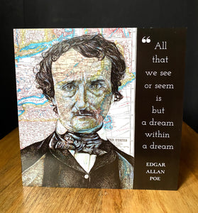 Edgar Allan Poe Greeting Birthday Card. Pen Drawing Map of Boston. Blank inside
