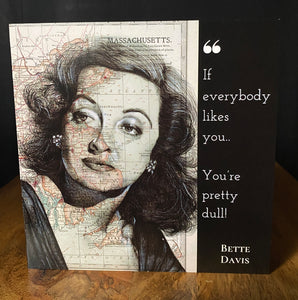 Bette Davis Inspired Greeting Card . Pen drawing on map of Massachusetts