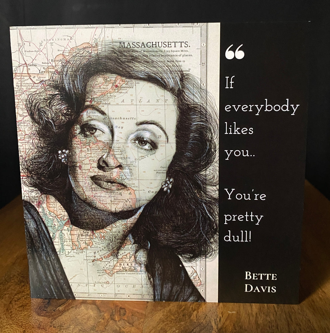 Bette Davis Inspired Greeting Card . Pen drawing on map of Massachusetts