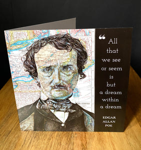 Edgar Allan Poe Greeting Birthday Card. Pen Drawing Map of Boston. Blank inside