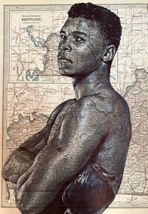 Muhammad Ali Art Print. Pen drawing over map of Louisville. A4 Unframed .