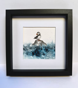 Puffin Original Ink Drawingl Art Framed Blue Acrylic Ink