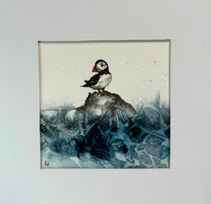 Puffin Original Ink Drawingl Art Framed Blue Acrylic Ink