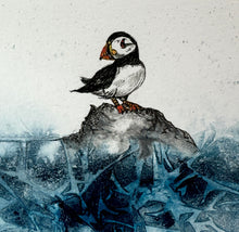 Load image into Gallery viewer, Puffin Original Ink Drawingl Art Framed Blue Acrylic Ink
