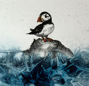 Puffin Original Ink Drawingl Art Framed Blue Acrylic Ink