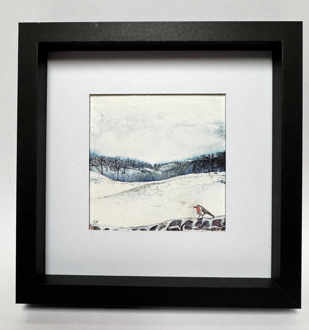 Snow Landscape with Robin Original landscape Art Framed 17x17cm (Copy)