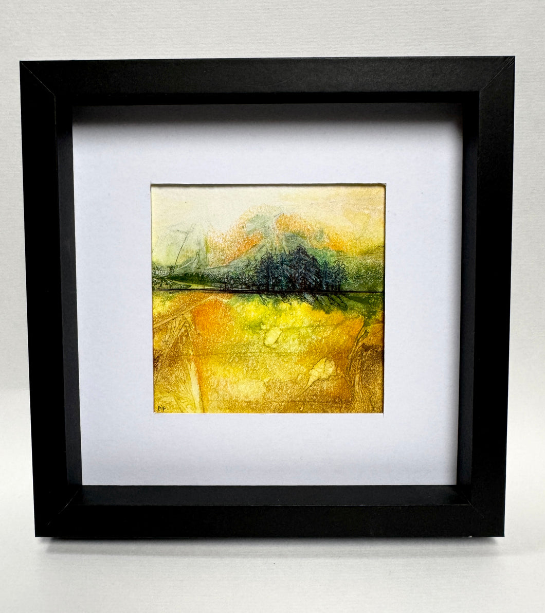 Abstract Ink Original landscape Art Framed Yellow 17x17cm