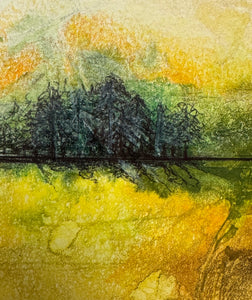 Abstract Ink Original landscape Art Framed Yellow 17x17cm