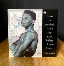 Load image into Gallery viewer, Muhammad Ali  Birthday Greeting card. Pen Drawing on Map of Louisville.

