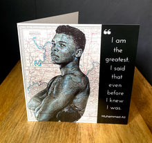 Load image into Gallery viewer, Muhammad Ali  Birthday Greeting card. Pen Drawing on Map of Louisville.
