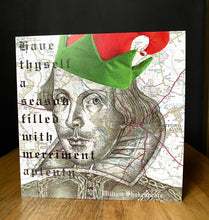 Load image into Gallery viewer, Shakespeare Funny Christmas card. Pen drawing over map of Stratford Upon Avon. Blank inside.
