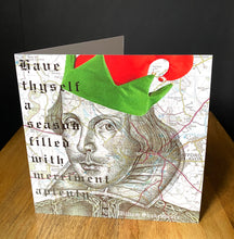 Load image into Gallery viewer, Shakespeare Funny Christmas card. Pen drawing over map of Stratford Upon Avon. Blank inside.
