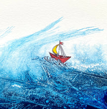 Load image into Gallery viewer, Red Boat and Waves Ink Drawing Original Art Framed Blue Acrylic Ink and Pen
