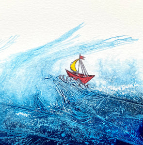 Red Boat and Waves Ink Drawing Original Art Framed Blue Acrylic Ink and Pen