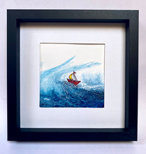 Load image into Gallery viewer, Red Boat and Waves Ink Drawing Original Art Framed Blue Acrylic Ink and Pen
