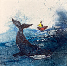 Load image into Gallery viewer, Humpback Whale &amp; Boat Ink Drawing Original Art Framed Blue Acrylic Ink
