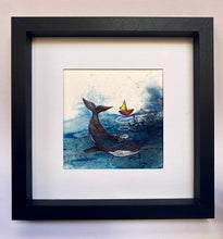 Load image into Gallery viewer, Humpback Whale &amp; Boat Ink Drawing Original Art Framed Blue Acrylic Ink
