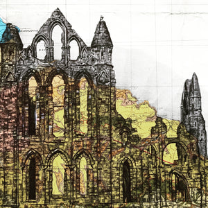 Whitby Abbey Art Print.Pen Drawing Over Map. A4 Unframed