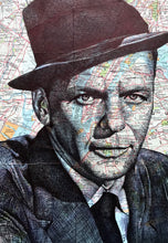 Load image into Gallery viewer, Frank Sinatra Art Print. Pen drawing over map of New York. A4 Print. Unframed
