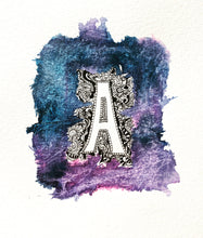 Load image into Gallery viewer, Letter A Ink Drawing. Purple/ Blue A5 21X15cm Unframed.

